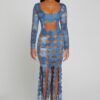 Denim-Print Cutout Maxi Dress - Long Sleeve