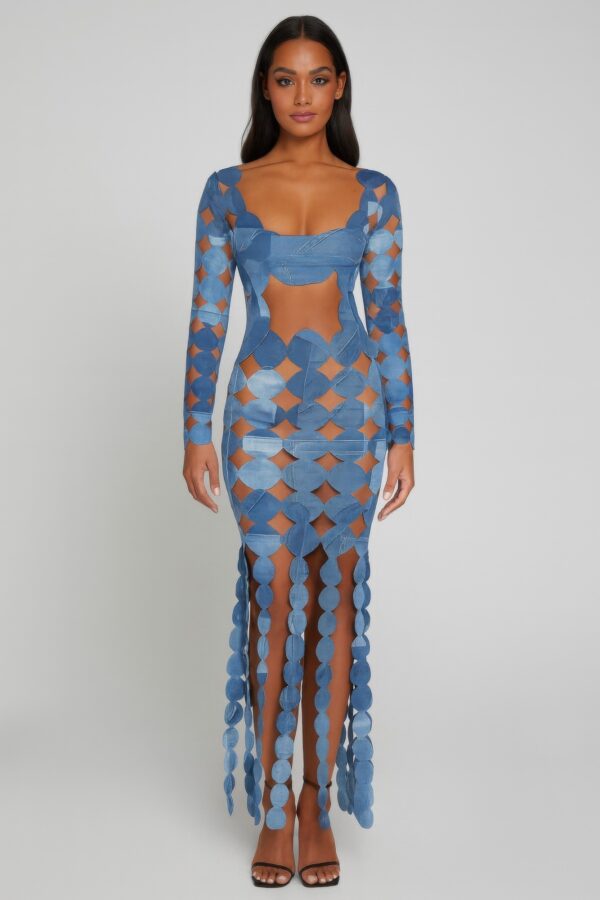 Denim-Print Cutout Maxi Dress - Long Sleeve