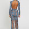 Denim-Print Cutout Maxi Dress - Long Sleeve