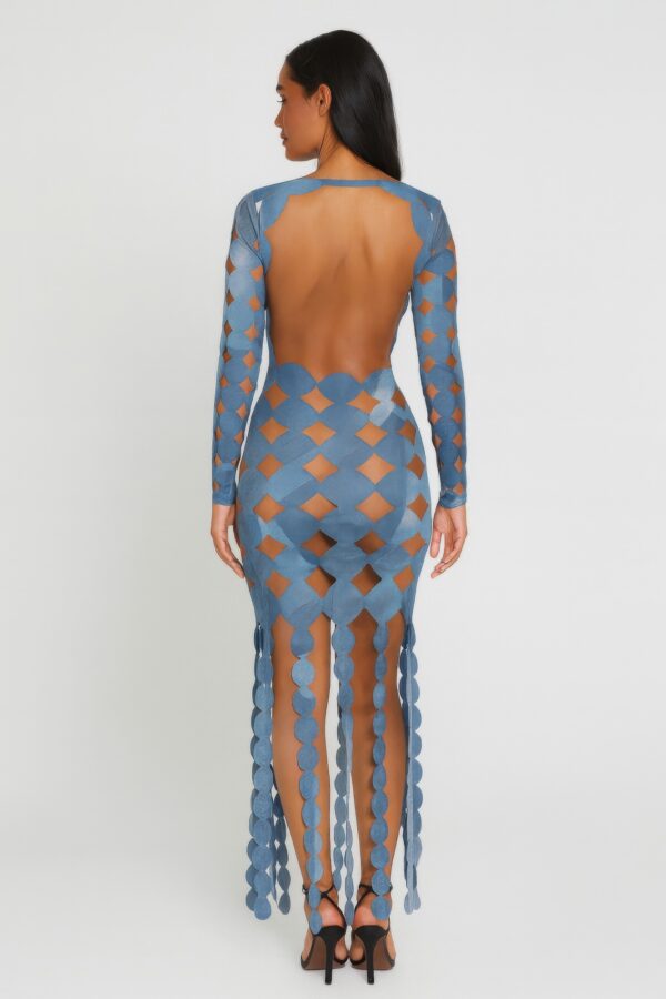 Denim-Print Cutout Maxi Dress - Long Sleeve