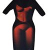Mesh Body Print Dress - Sheer Mesh Mock Neck
