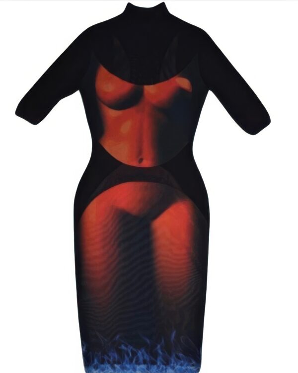 Mesh Body Print Dress - Sheer Mesh Mock Neck