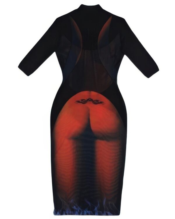Mesh Body Print Dress - Sheer Mesh Mock Neck