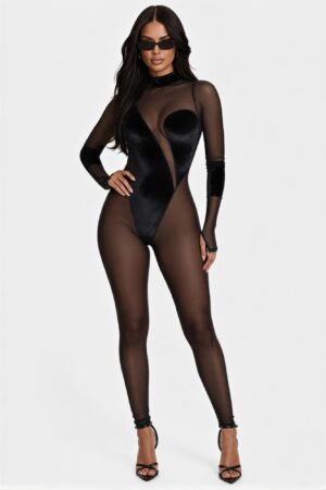 Mock Neck Mesh Jumpsuit with Thumb-Hole Sleeves