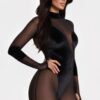 Mock Neck Mesh Jumpsuit with Thumb-Hole Sleeves