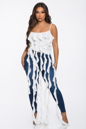 Ruffle Spaghetti-Strap Crop Top - Solid Casual Style