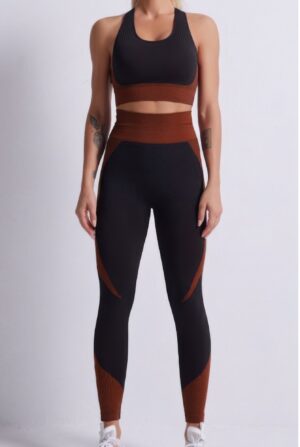Seamless Color Block Yoga Set - Cross-Back Crop