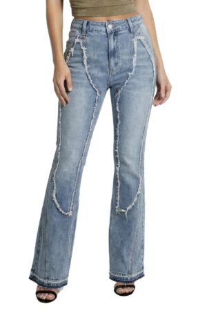 Curve-Panel Ripped Flare Jeans - High-Rise