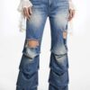 Riot Stack Destroyed Flare Jeans - Washed Indigo