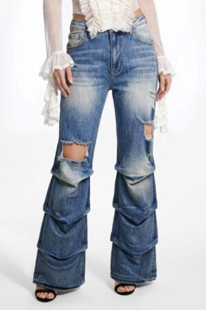 Riot Stack Destroyed Flare Jeans - Washed Indigo