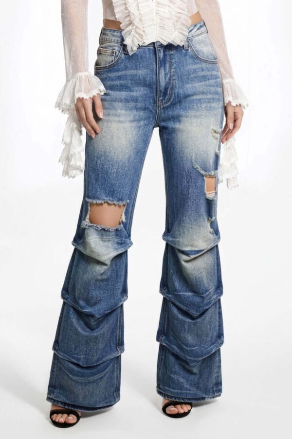 Riot Stack Destroyed Flare Jeans - Washed Indigo