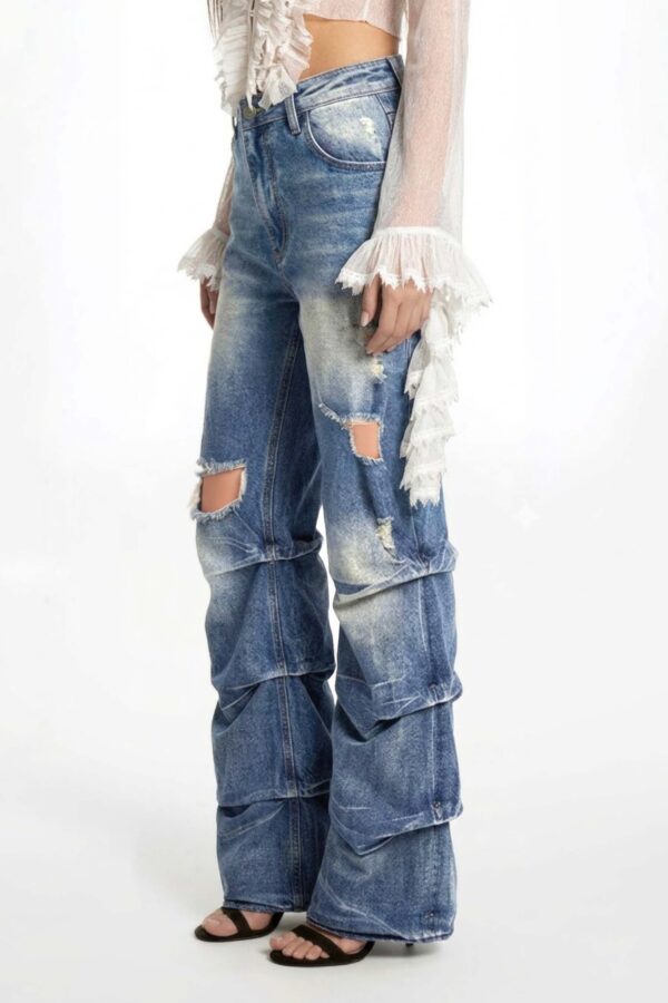 Riot Stack Destroyed Flare Jeans - Washed Indigo
