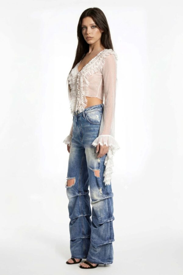 Riot Stack Destroyed Flare Jeans - Washed Indigo