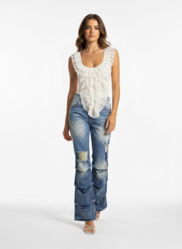 Riot Stack Destroyed Flare Jeans - Washed Indigo