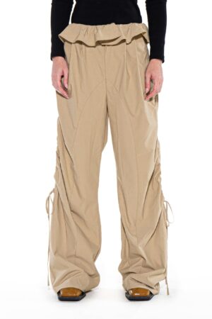 Ruched Wide-Leg Pants with Ruffle Waist and Ties