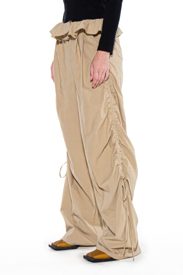 Ruched Wide-Leg Pants with Ruffle Waist and Ties