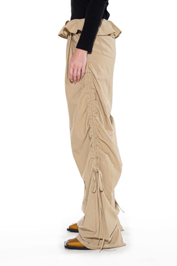 Ruched Wide-Leg Pants with Ruffle Waist and Ties