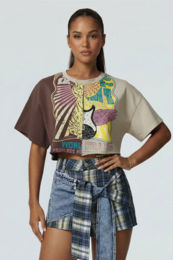 Split-Color Graphic Crop Tee