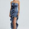 Denim Sculpt Dress with Cascading Ruffle Train
