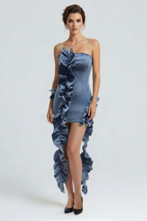 Denim Sculpt Dress with Cascading Ruffle Train