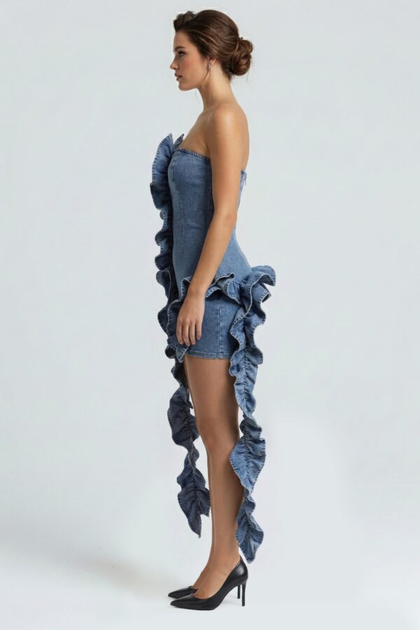 Denim Sculpt Dress with Cascading Ruffle Train
