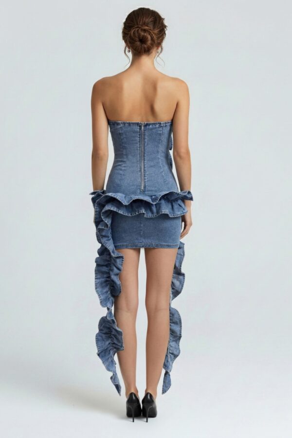 Denim Sculpt Dress with Cascading Ruffle Train