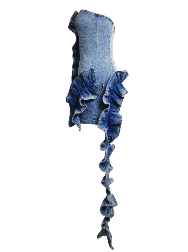 Denim Sculpt Dress with Cascading Ruffle Train