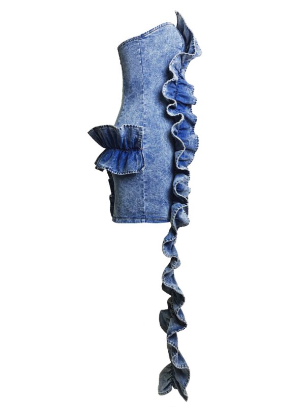 Denim Sculpt Dress with Cascading Ruffle Train