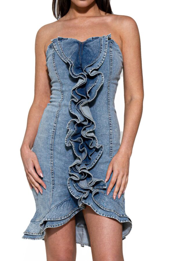 Strapless Denim Midi Dress with Cascade Ruffle - Vintage Blue