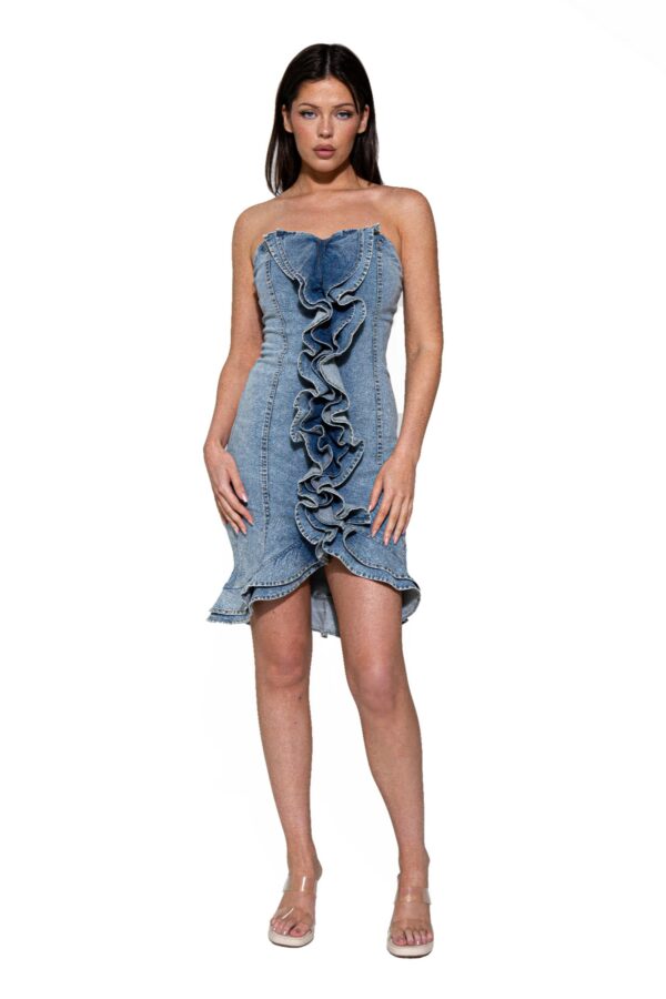 Strapless Denim Midi Dress with Cascade Ruffle - Vintage Blue