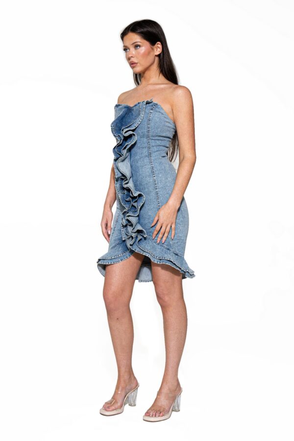 Strapless Denim Midi Dress with Cascade Ruffle - Vintage Blue