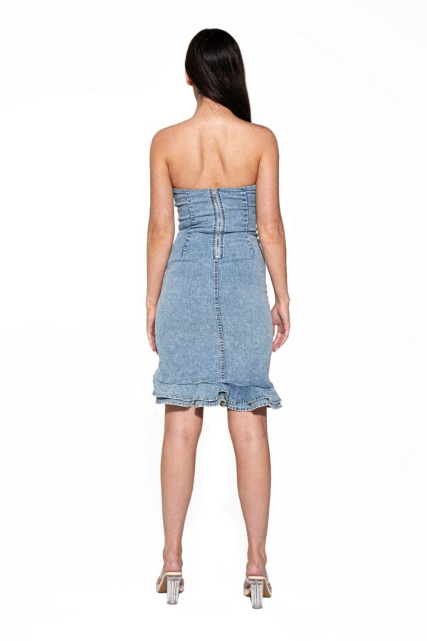 Strapless Denim Midi Dress with Cascade Ruffle - Vintage Blue