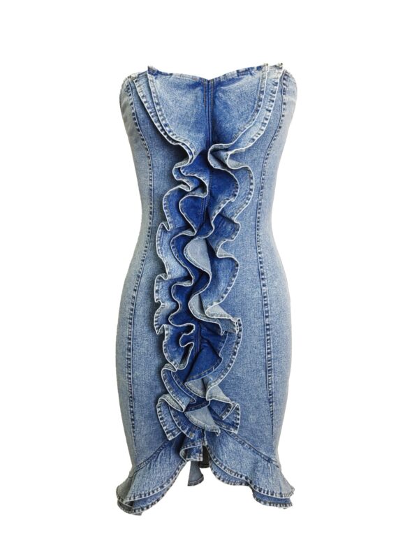 Strapless Denim Midi Dress with Cascade Ruffle - Vintage Blue