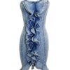 Strapless Denim Midi Dress with Cascade Ruffle - Vintage Blue