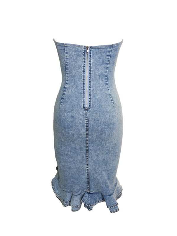 Strapless Denim Midi Dress with Cascade Ruffle - Vintage Blue