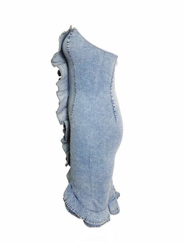 Strapless Denim Midi Dress with Cascade Ruffle - Vintage Blue