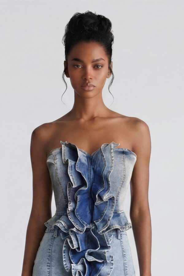 Rogue Cascade Denim Corset Top - Cascading Ruffles