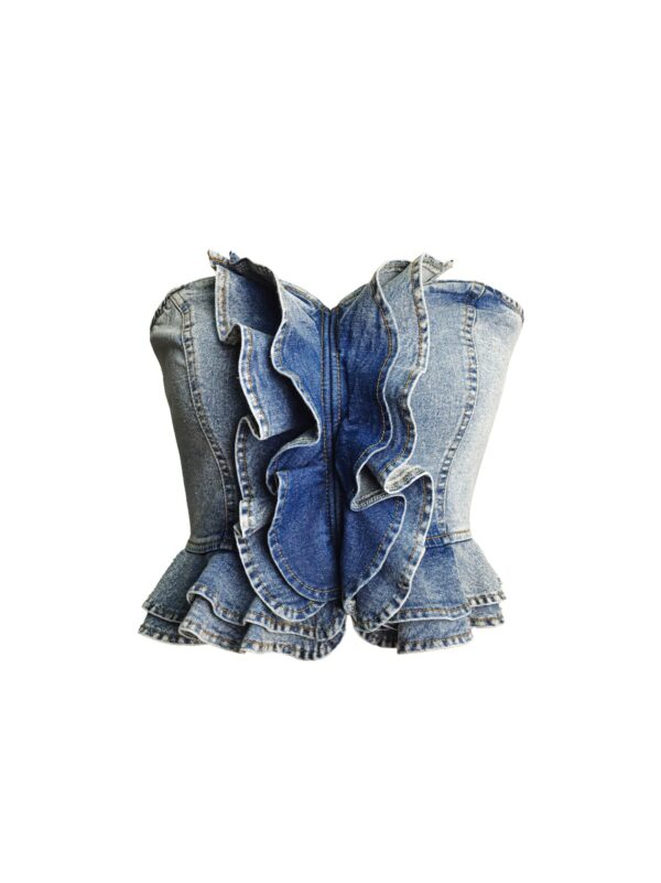 Rogue Cascade Denim Corset Top - Cascading Ruffles