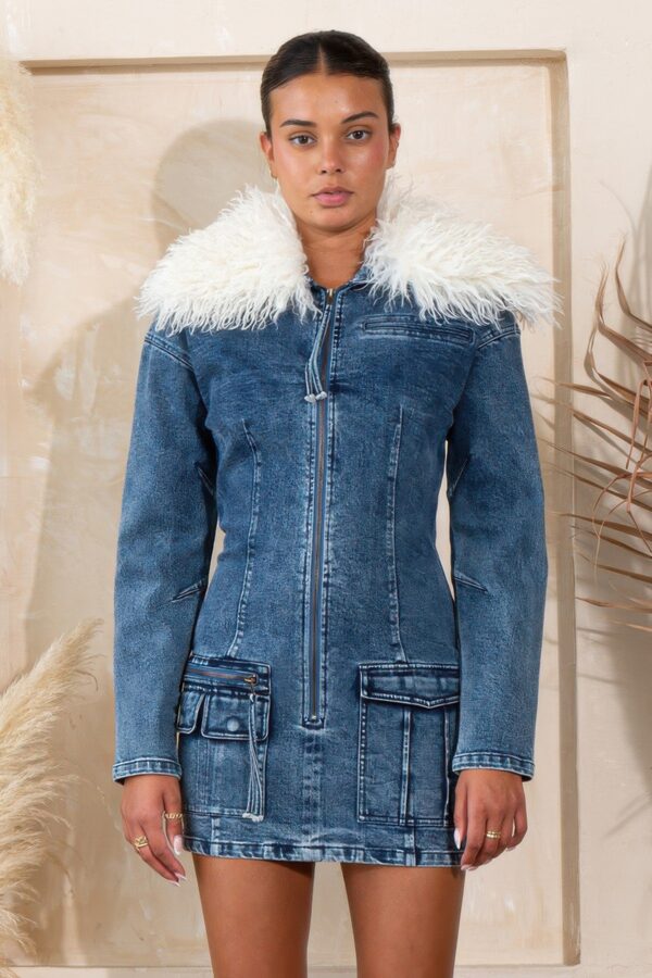 Denim Cargo Dress with Fur Trim - Zip Front