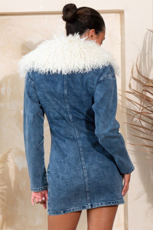 Denim Cargo Dress with Fur Trim - Zip Front