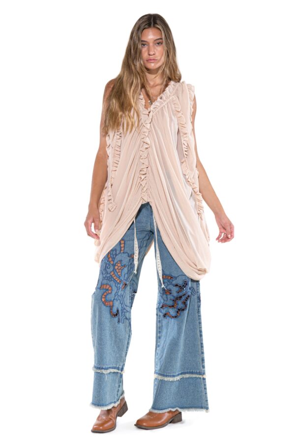 Cascade Ruffle Draped Tunic - Deep V Neck