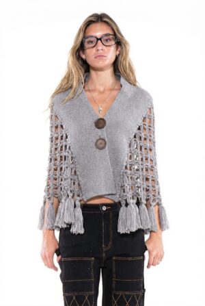 Macrame Tassel Cape Vest with Wooden Buttons