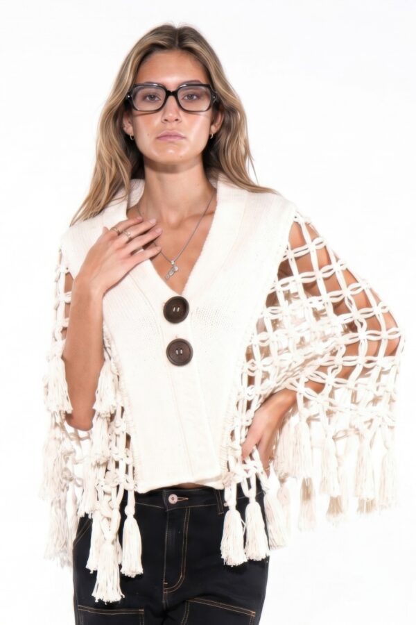 Macrame Tassel Cape Vest with Wooden Buttons