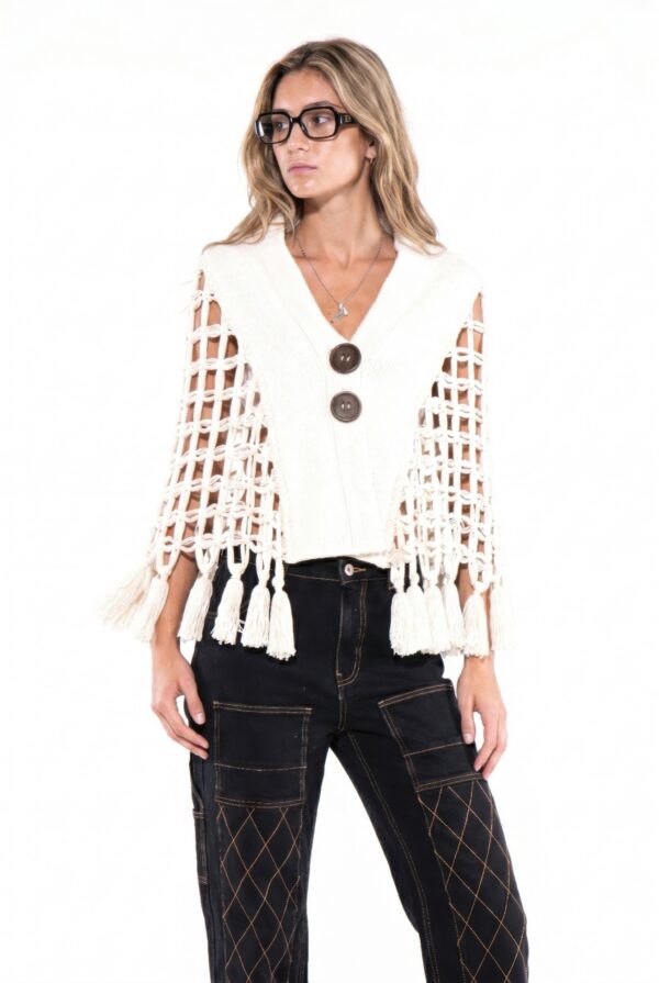 Macrame Tassel Cape Vest with Wooden Buttons