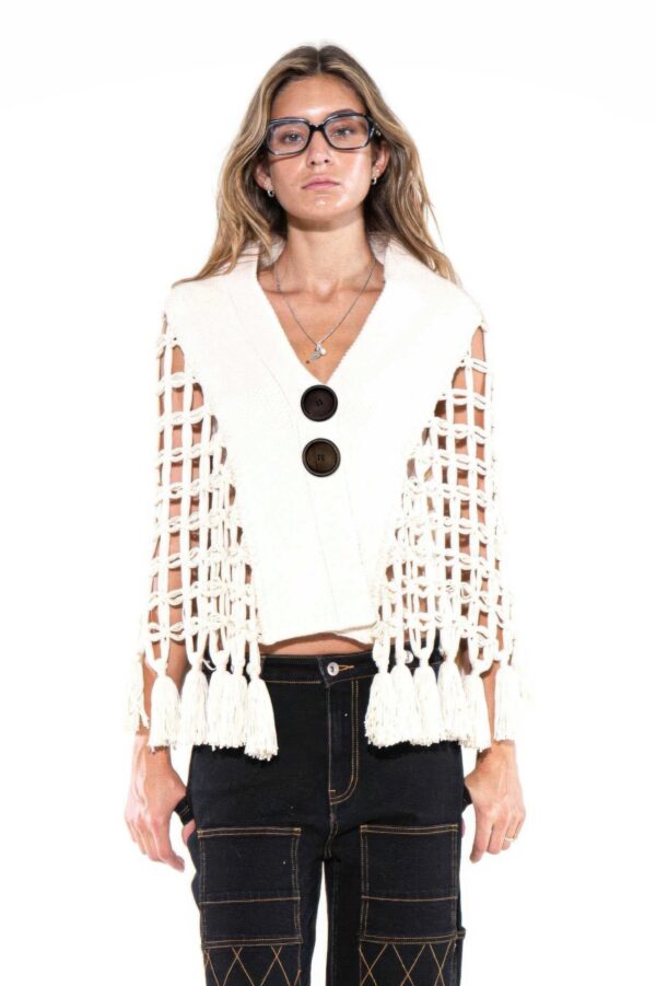 Macrame Tassel Cape Vest with Wooden Buttons