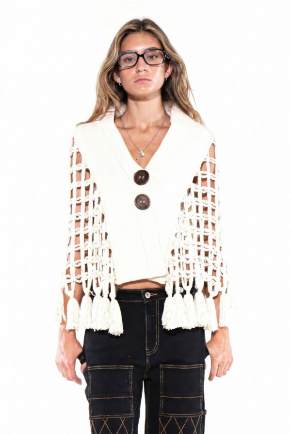 Macrame Tassel Cape Vest with Wooden Buttons
