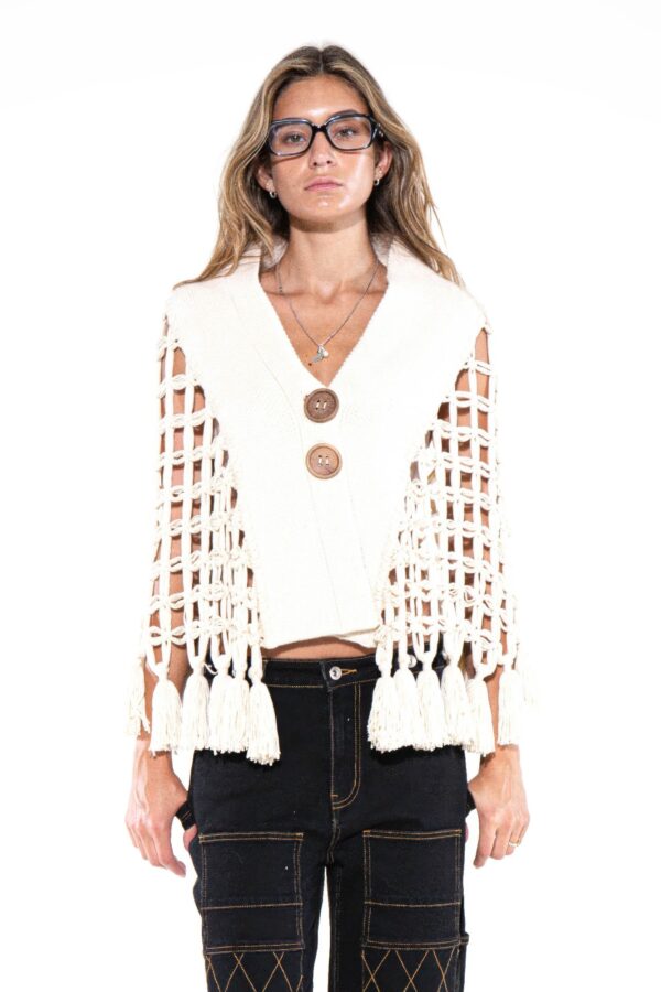 Macrame Tassel Cape Vest with Wooden Buttons