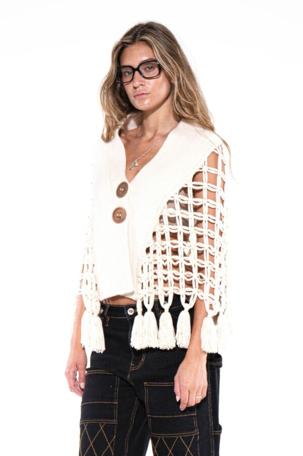 Macrame Tassel Cape Vest with Wooden Buttons