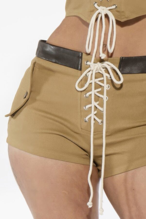 Rope Lace-Up Utility Shorts with Faux Leather Waistband