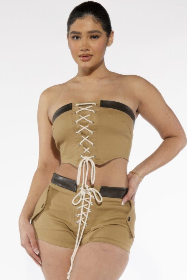 Rope Lace-Up Utility Shorts with Faux Leather Waistband